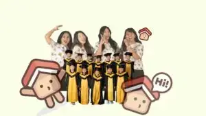 Teachers and graduated preschool and kindergarten kids having fun together